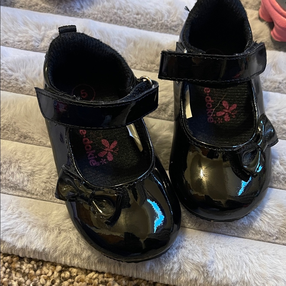 Okie Dokie Shiny Black Dress Shoes with Bow